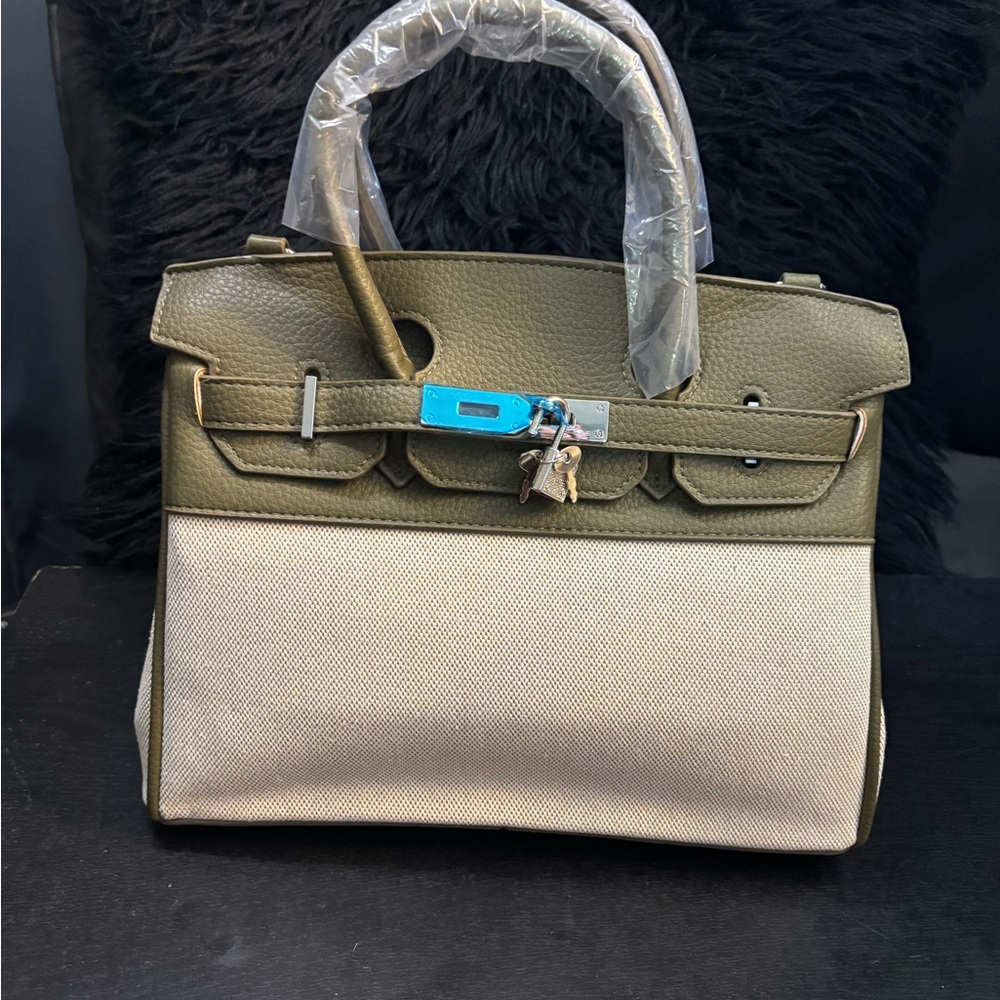 Olive Green and Cream Women's Handbag